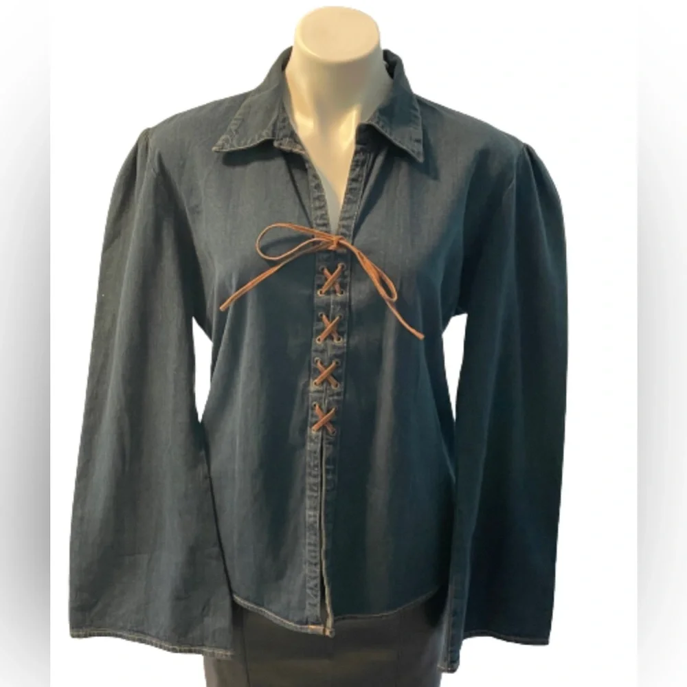 Billblass Vintage Inspired 1970’s Denim Lace Bell Sleeve Leather Tie Shirt - Picture 1 of 6